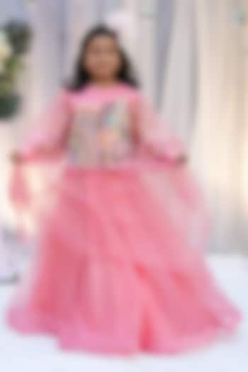 Peach Pink Organza Layered Lehenga Set For Girls by Vibrant Hues at Pernia's Pop Up Shop