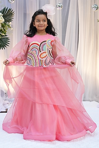 Peach Pink Organza Layered Lehenga Set For Girls by Vibrant Hues