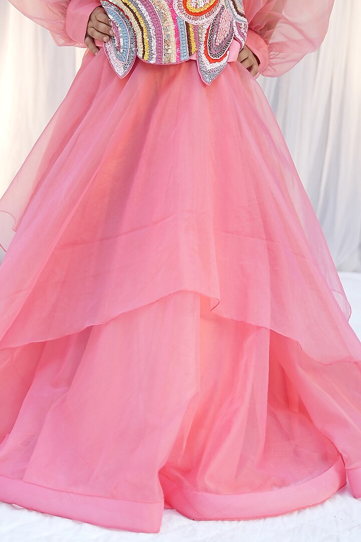 Peach Pink Organza Layered Lehenga Set For Girls by Vibrant Hues at Pernia's Pop Up Shop