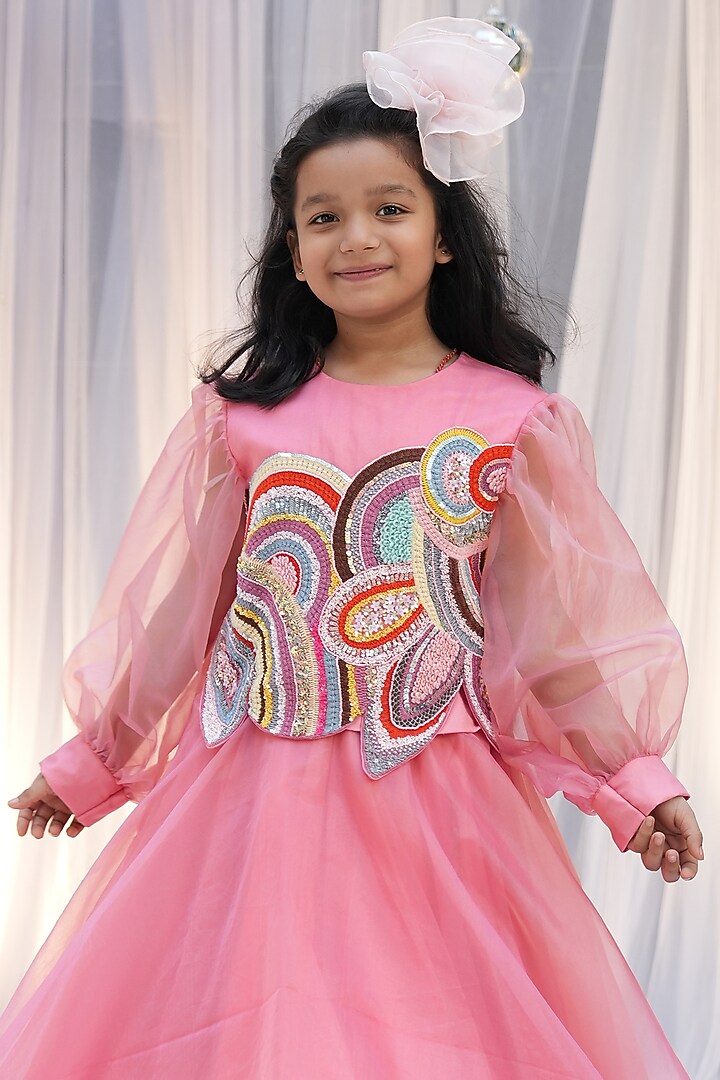 Peach Pink Organza Layered Lehenga Set For Girls by Vibrant Hues at Pernia's Pop Up Shop