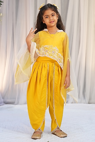 Yellow Bemberg Silk Dhoti Set For Girls by Vibrant Hues