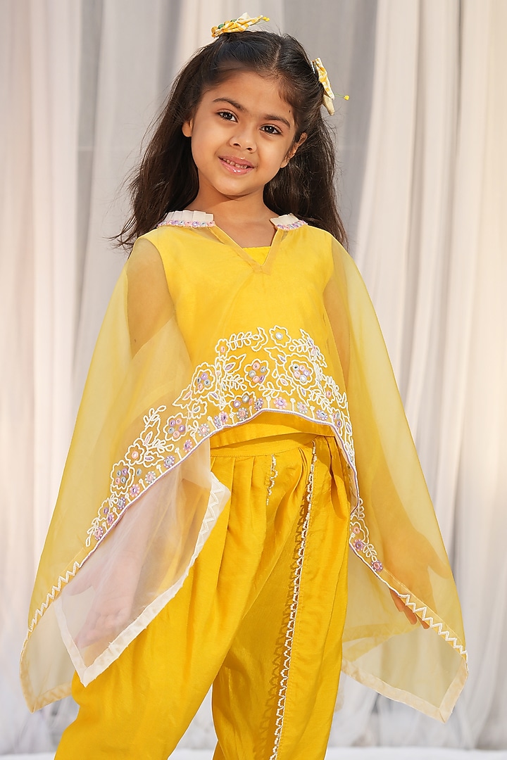 Yellow Bemberg Silk Dhoti Set For Girls by Vibrant Hues at Pernia's Pop Up Shop