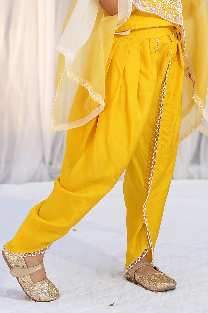 Yellow Bemberg Silk Dhoti Set For Girls by Vibrant Hues at Pernia's Pop Up Shop