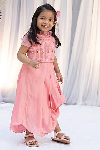 Pink Bemberg Silk Draped Skirt Set For Girls by Vibrant Hues