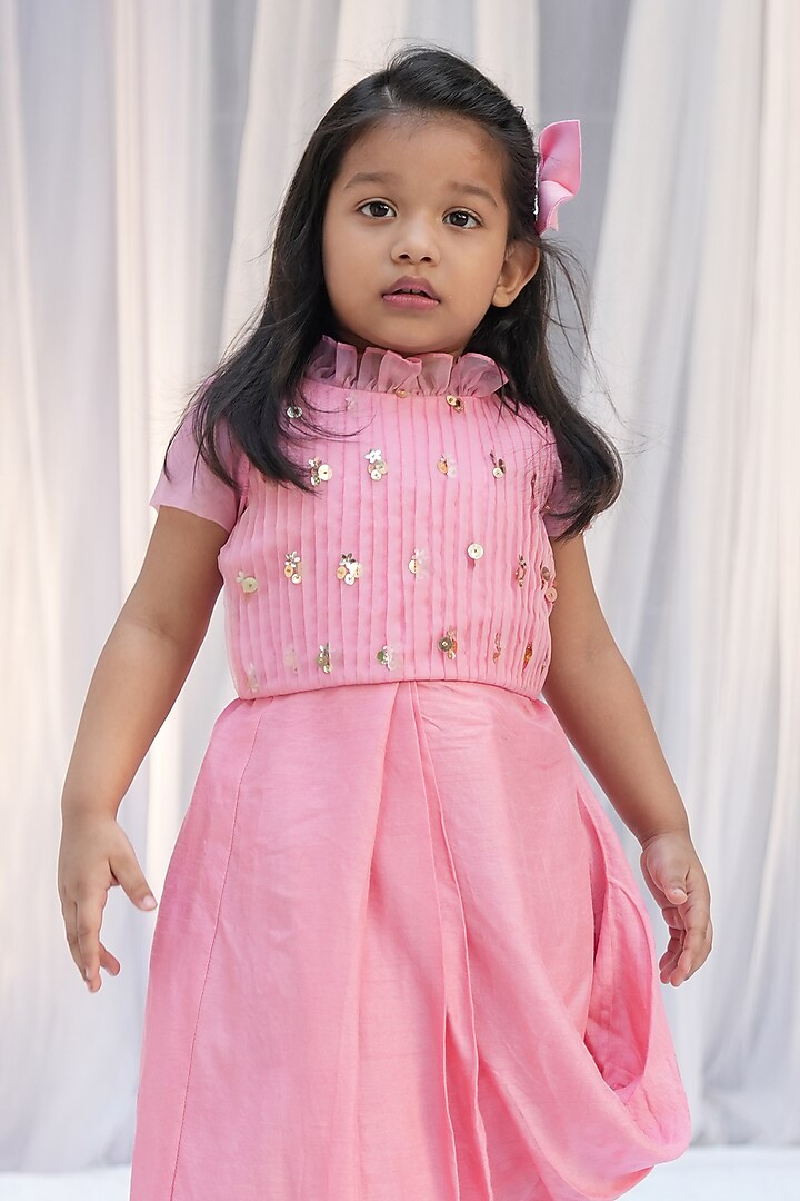 Pink Bemberg Silk Draped Skirt Set For Girls by Vibrant Hues at Pernia's Pop Up Shop