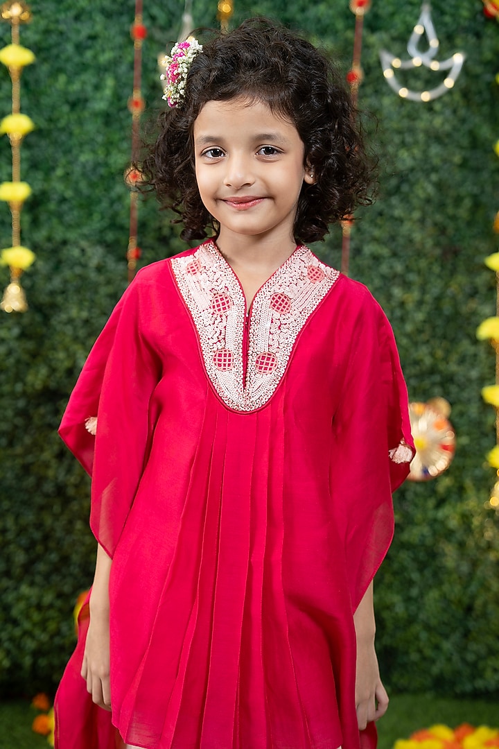 Rani Pink Bemberg Silk Hand Embroidered Kurta Set For Girls by Vibrant Hues at Pernia's Pop Up Shop