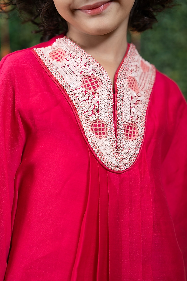 Rani Pink Bemberg Silk Hand Embroidered Kurta Set For Girls by Vibrant Hues at Pernia's Pop Up Shop