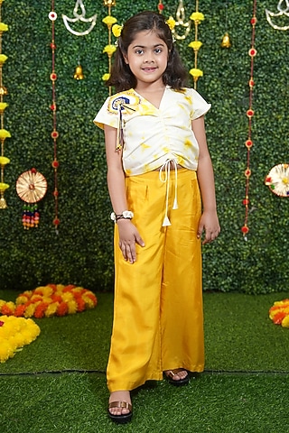 Yellow Bemberg Silk Bell-Bottom Pant Set For Girls by Vibrant Hues