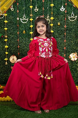 Deep Pink Silk Chanderi Kalidar Palazzo Pant Set for Girls by Vibrant Hues