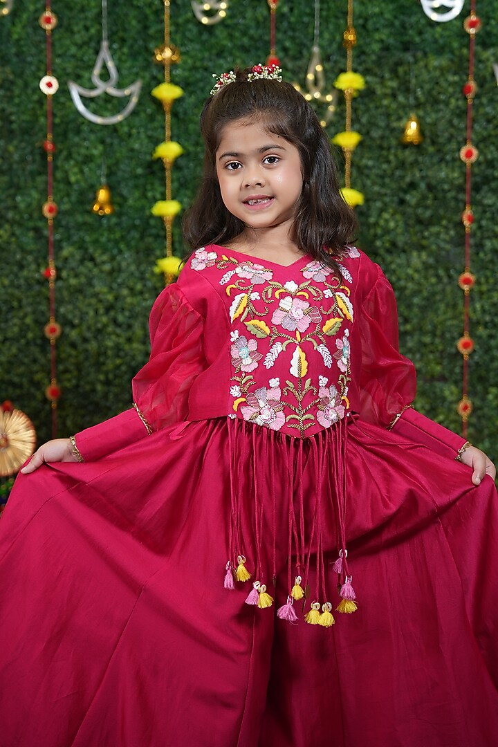 Deep Pink Silk Chanderi Kalidar Palazzo Pant Set for Girls by Vibrant Hues at Pernia's Pop Up Shop
