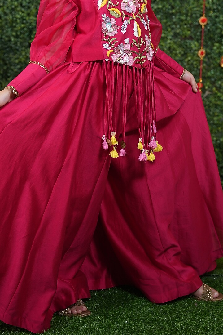 Deep Pink Silk Chanderi Kalidar Palazzo Pant Set for Girls by Vibrant Hues at Pernia's Pop Up Shop