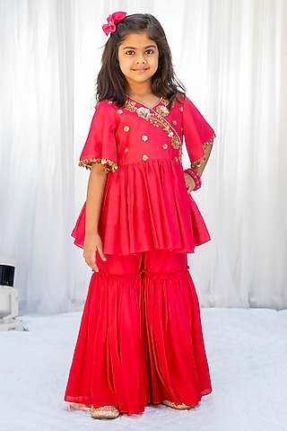 Red Bemberg Silk Sharara Set For Girls by Vibrant Hues