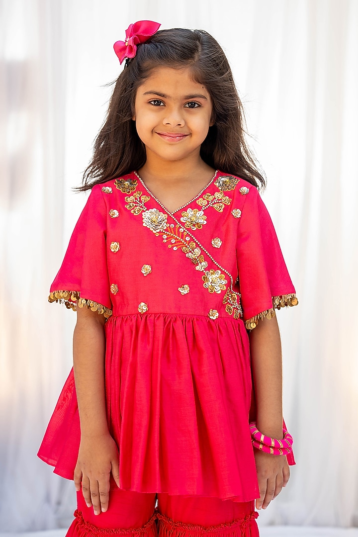 Red Bemberg Silk Sharara Set For Girls by Vibrant Hues at Pernia's Pop Up Shop