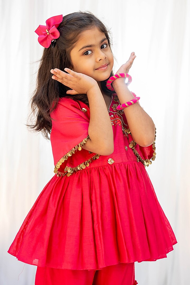 Red Bemberg Silk Sharara Set For Girls by Vibrant Hues at Pernia's Pop Up Shop