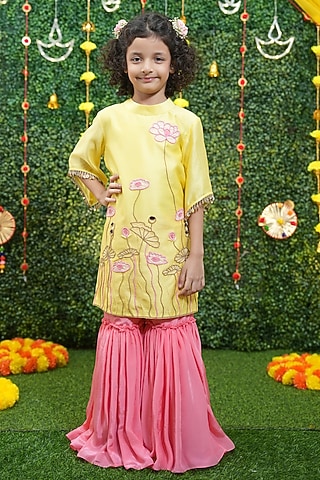 Lemon Yellow Silk Chanderi Applique Work Kurta Set For Girls by Vibrant Hues