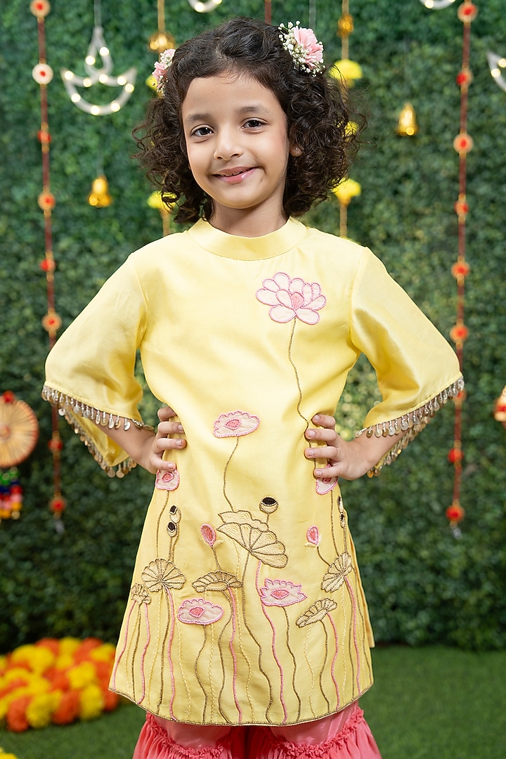 Lemon Yellow Silk Chanderi Applique Work Kurta Set For Girls by Vibrant Hues at Pernia's Pop Up Shop