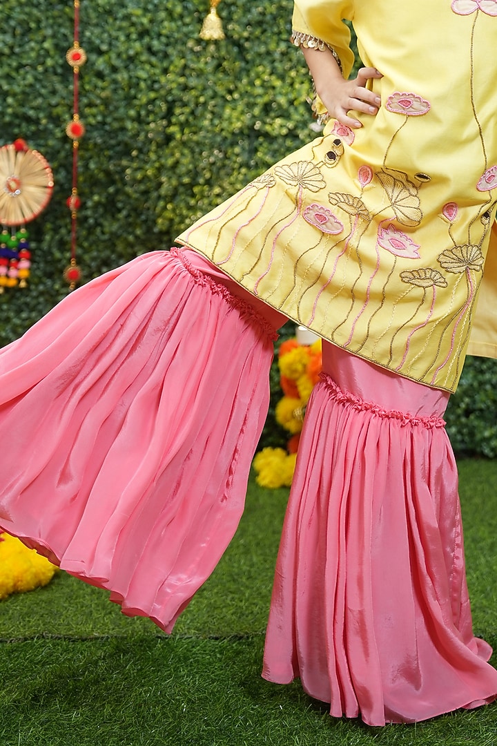 Lemon Yellow Silk Chanderi Applique Work Kurta Set For Girls by Vibrant Hues at Pernia's Pop Up Shop