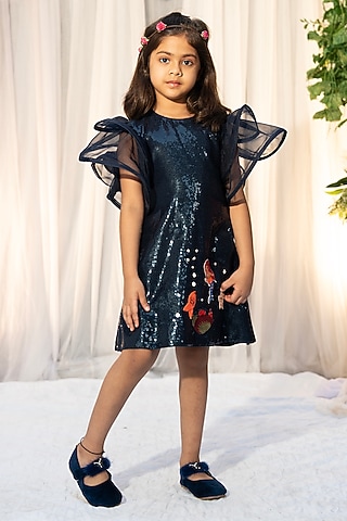 Navy Blue Georgette Sequin Hand Embroidered A-Line Dress For Girls by Vibrant Hues
