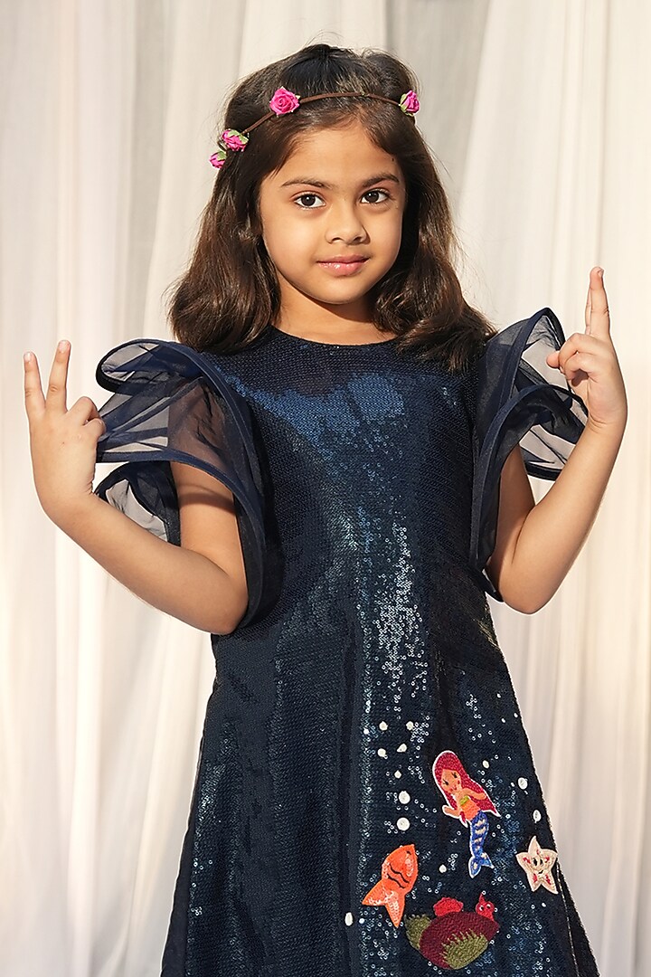 Navy Blue Georgette Sequin Hand Embroidered A-Line Dress For Girls by Vibrant Hues at Pernia's Pop Up Shop