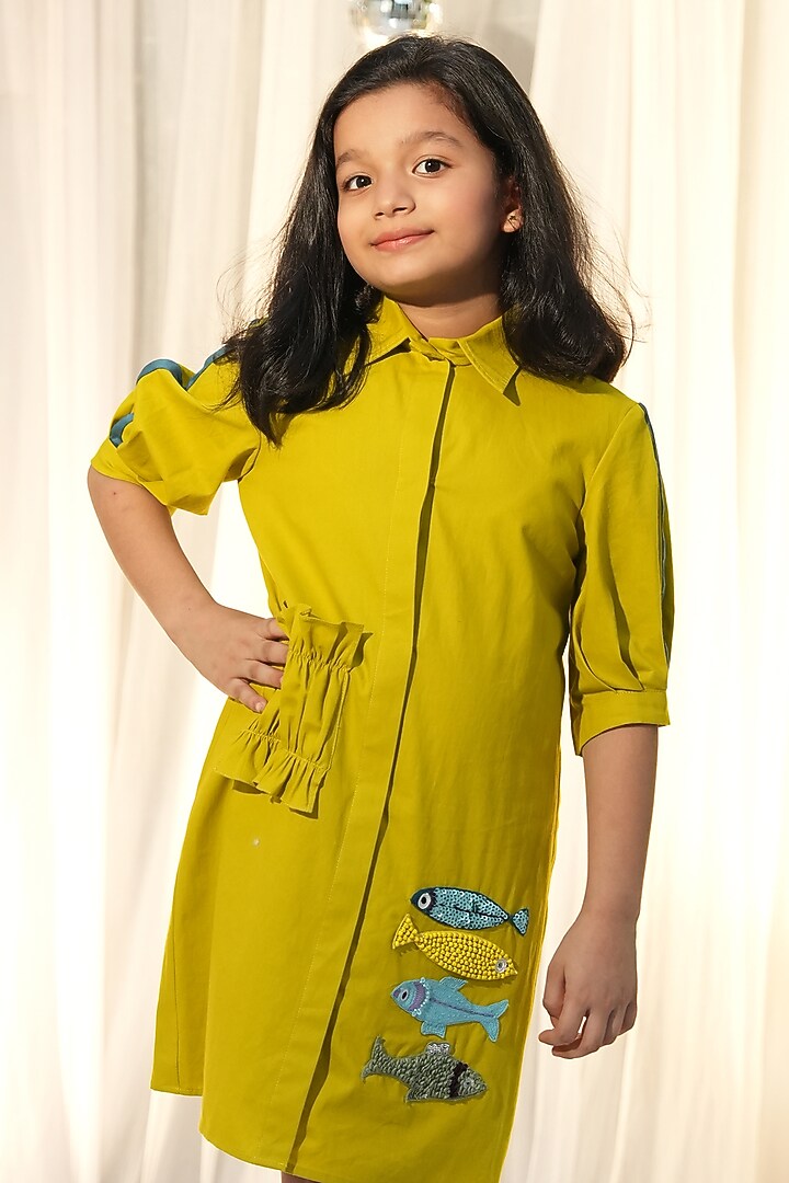 Green Poplin Embellished Dress For Girls by Vibrant Hues at Pernia's Pop Up Shop
