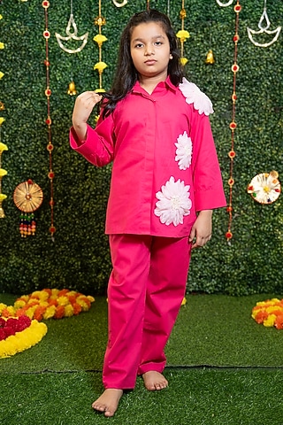 Pink Poplin Applique Floral Co-Ord Set For Girls by Vibrant Hues
