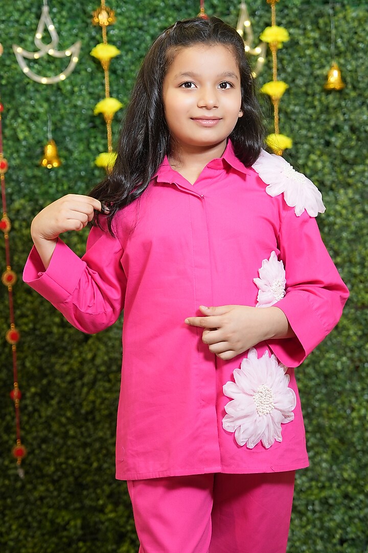 Pink Poplin Applique Floral Co-Ord Set For Girls by Vibrant Hues at Pernia's Pop Up Shop