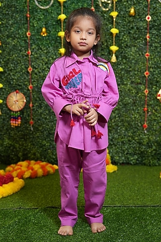 Purple Poplin Applique & Thread Work Co-Ord Set For Girls by Vibrant Hues
