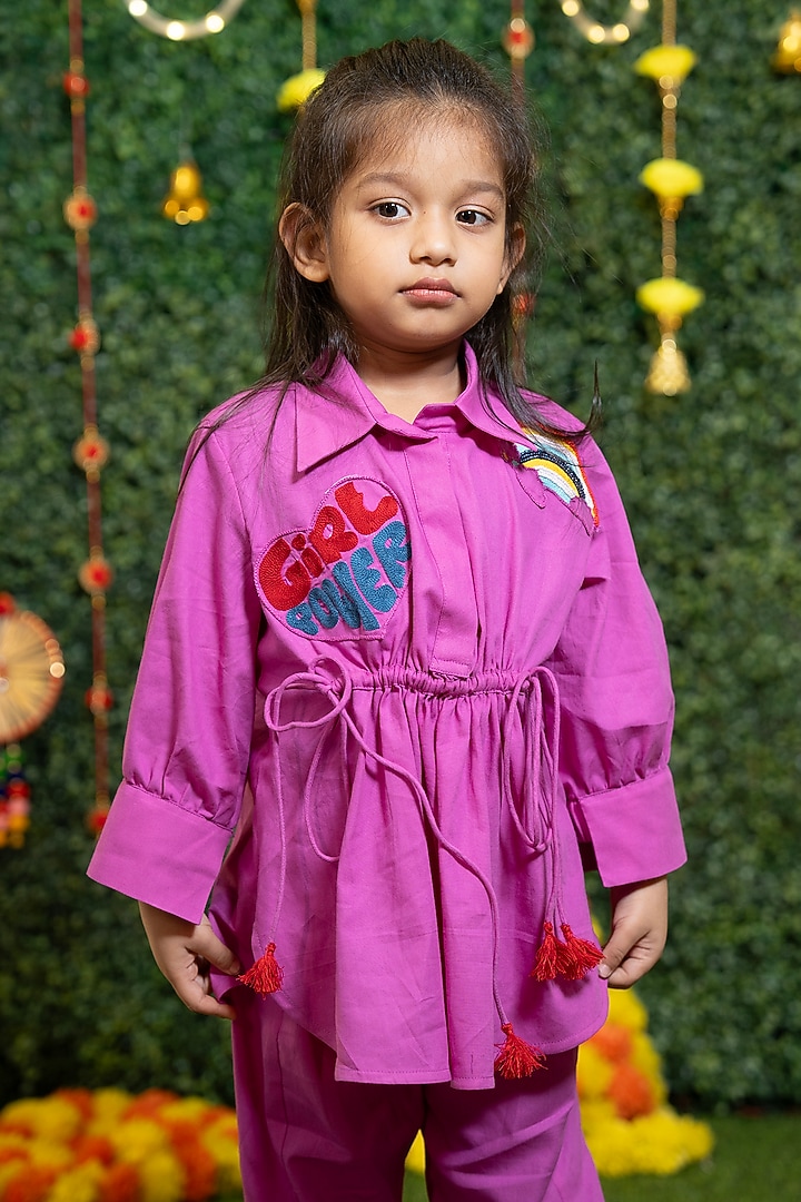 Purple Poplin Applique & Thread Work Co-Ord Set For Girls by Vibrant Hues at Pernia's Pop Up Shop