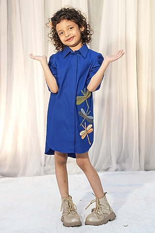 Rin Blue Poplin Applique Shirt Dress For Girls by Vibrant Hues