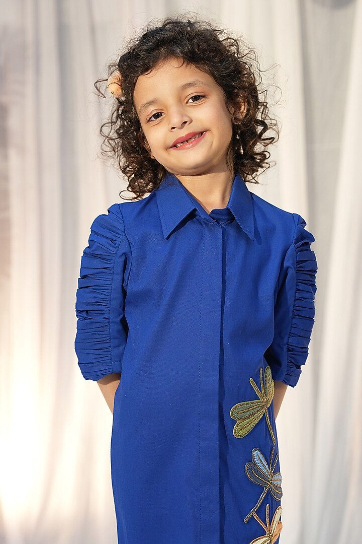 Rin Blue Poplin Applique Shirt Dress For Girls by Vibrant Hues at Pernia's Pop Up Shop