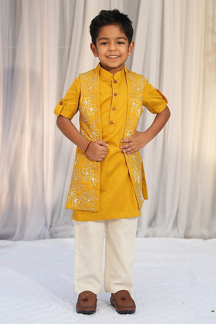 Mustard Yellow Silk Chanderi Cutdana Hand Embroidered Jacket Set For Boys by Vibrant Hues at Pernia's Pop Up Shop