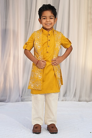 Mustard Yellow Silk Chanderi Cutdana Hand Embroidered Jacket Set For Boys by Vibrant Hues