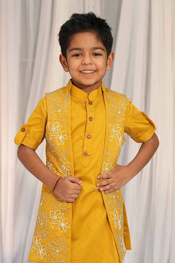 Mustard Yellow Silk Chanderi Cutdana Hand Embroidered Jacket Set For Boys by Vibrant Hues at Pernia's Pop Up Shop