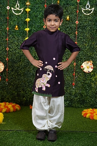 Purple Silk Chanderi Applique Embroidered Kurta Set For Boys by Vibrant Hues