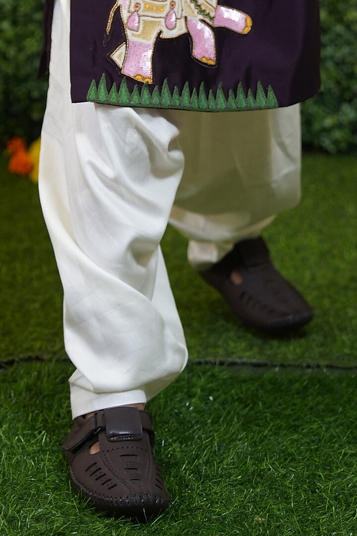 Purple Silk Chanderi Applique Embroidered Kurta Set For Boys by Vibrant Hues at Pernia's Pop Up Shop