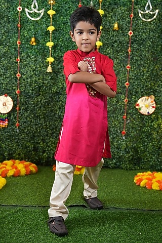 Rani Pink Bemberg Silk Floral Kurta Set For Boys by Vibrant Hues