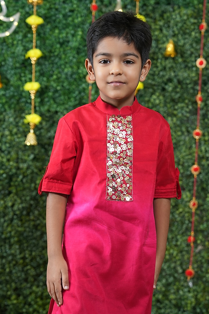 Rani Pink Bemberg Silk Floral Kurta Set For Boys by Vibrant Hues at Pernia's Pop Up Shop