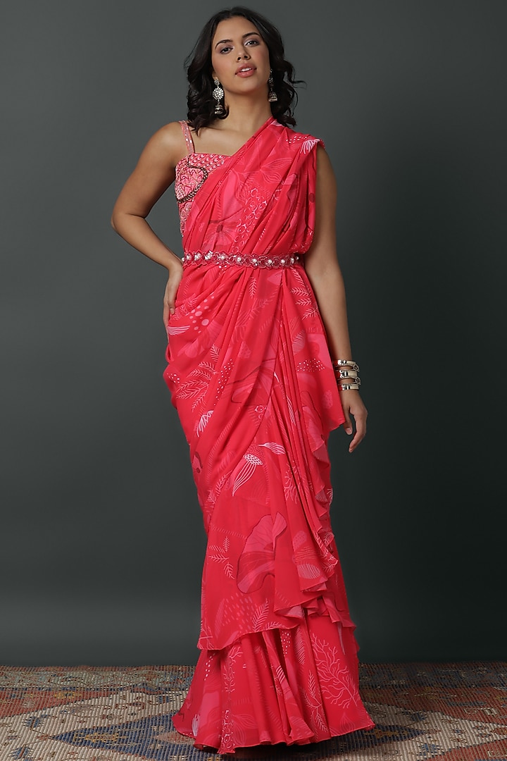 Pink Luxury Georgette Digital Printed Draped Saree Set by VINNY KHURANA OFFICIAL at Pernia's Pop Up Shop