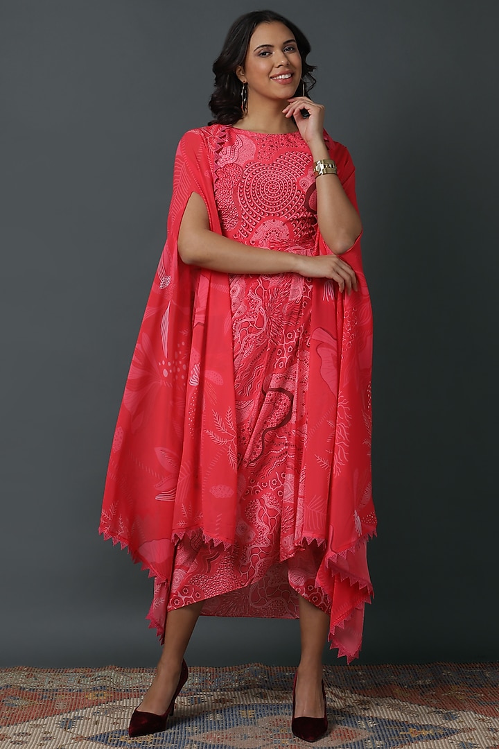 Pink Luxury Crepe Printed Cowl Printed Jacket Dress by VINNY KHURANA OFFICIAL