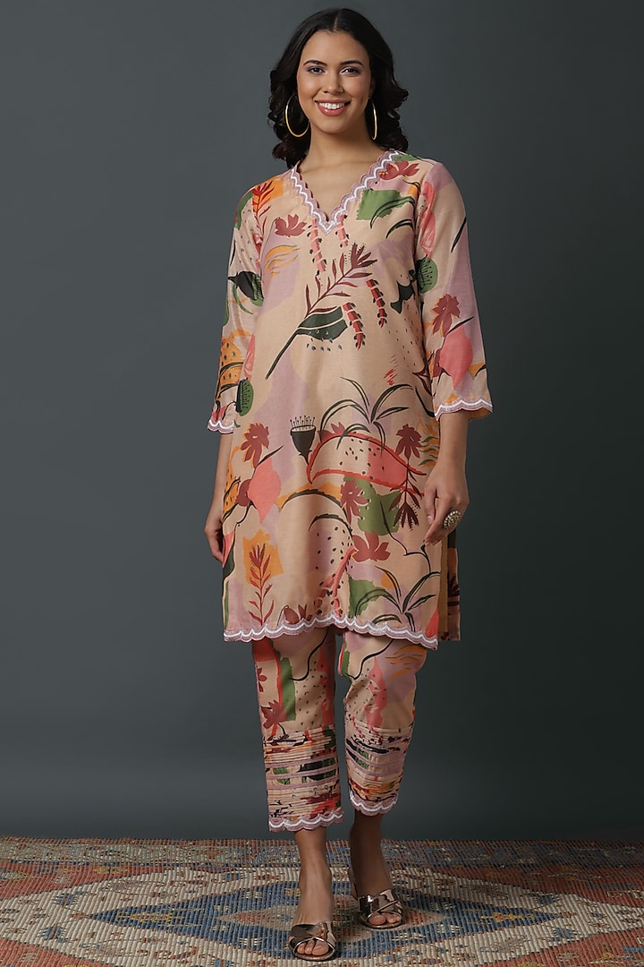 Beige & Pink Cotton Silk Embroidered Kurta Set by VINNY KHURANA OFFICIAL