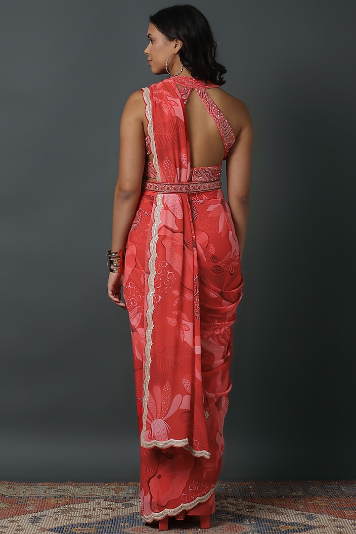 Red Luxury Georgette Printed Party Wear Saree Set by VINNY KHURANA OFFICIAL at Pernia's Pop Up Shop