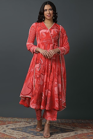 Red Luxury Georgette Embroidered Angrakha Set by VINNY KHURANA OFFICIAL