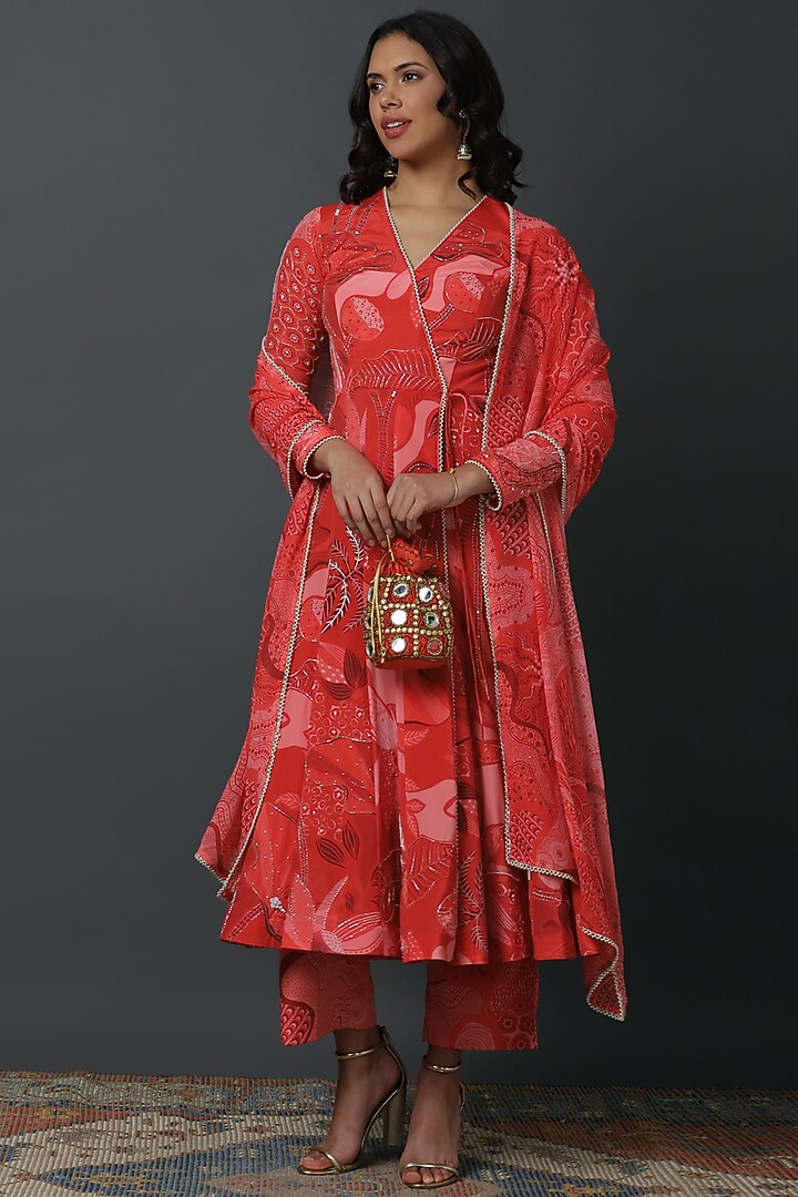 Red Luxury Georgette Embroidered Angrakha Set by VINNY KHURANA OFFICIAL at Pernia's Pop Up Shop