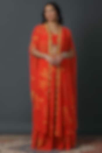 Orange Luxury Georgette Digital Printed Cape Set by VINNY KHURANA OFFICIAL
