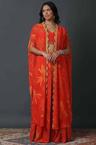 Orange Luxury Georgette Digital Printed Cape Set by VINNY KHURANA OFFICIAL
