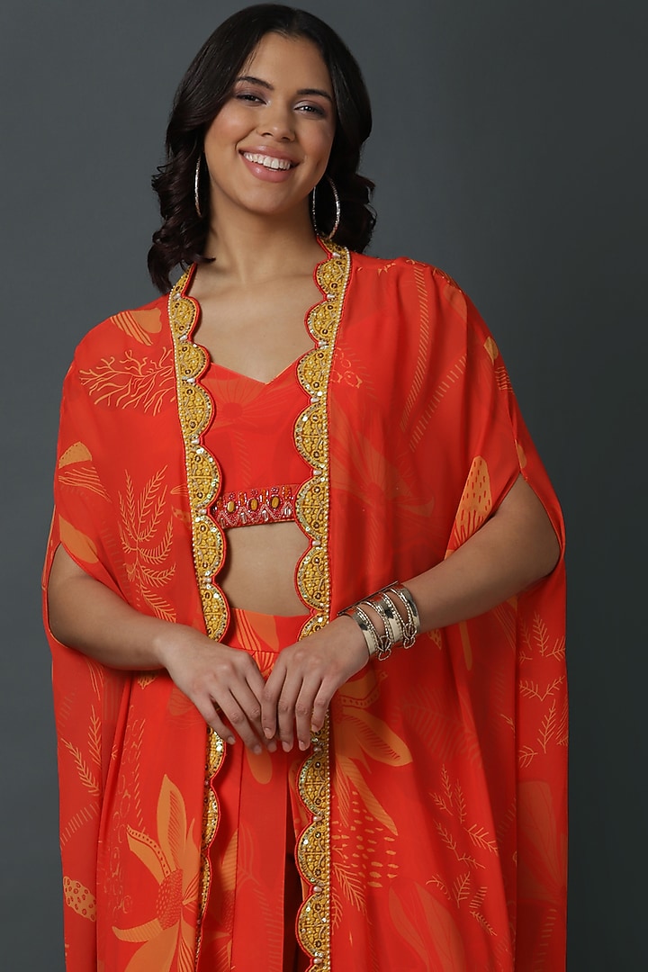 Orange Luxury Georgette Digital Printed Cape Set by VINNY KHURANA OFFICIAL at Pernia's Pop Up Shop