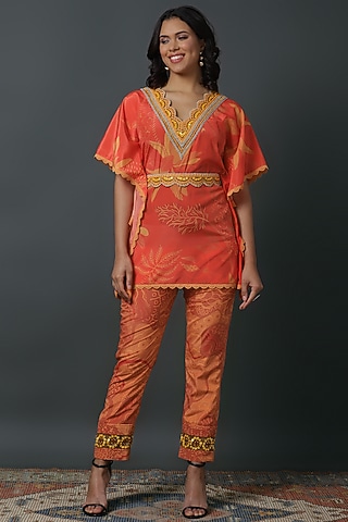 Orange Luxury Crepe Digital Printed Co-Ord Set by VINNY KHURANA OFFICIAL