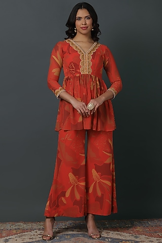 Orange Luxury Georgette Digital Printed Co-Ord Set by VINNY KHURANA OFFICIAL