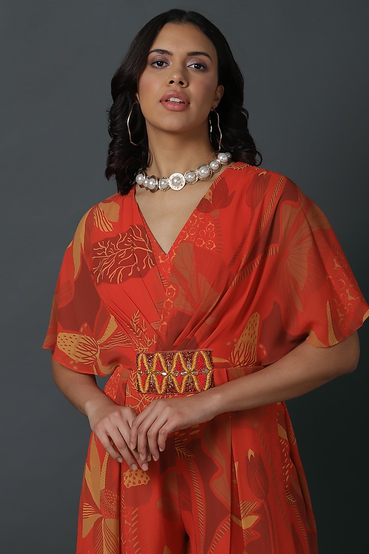 Orange Luxury Georgette Digital Printed Jumpsuit by VINNY KHURANA OFFICIAL at Pernia's Pop Up Shop