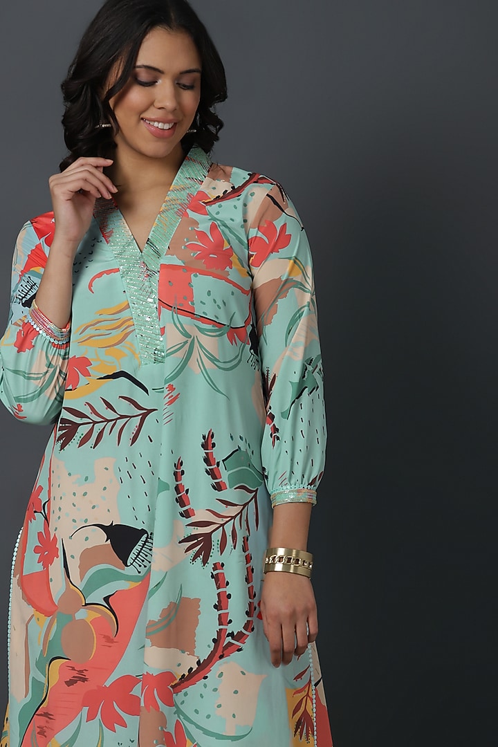 Powder Blue Luxury Crepe Digital Printed Kurta Set by VINNY KHURANA OFFICIAL at Pernia's Pop Up Shop